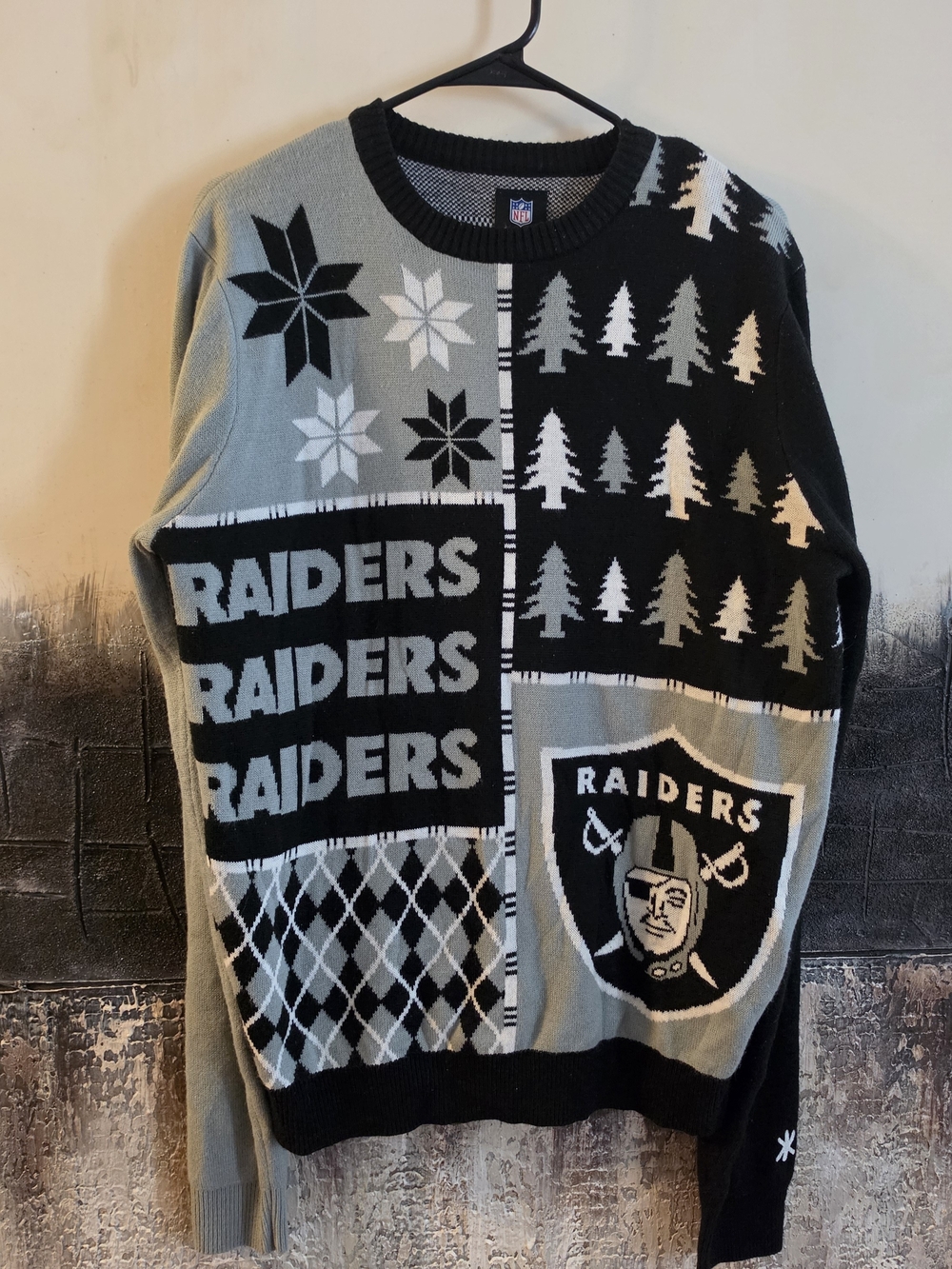 NFL Raiders Black & Gray Patchwork Crewneck Sweater